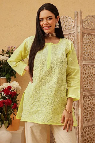 Ada Hand Embroidered Lemon Cotton Lucknowi Chikankari Straight Kurti A911554 (8)