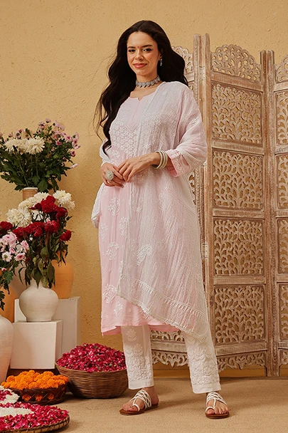 Ada Hand Embroidered White Kota Lucknowi Chikankari Stole A511232 (5)