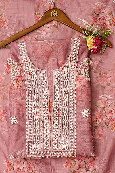 Ada Hand Embroidered Floral Printed Dusty Peach Organza Lucknowi Chikankari Unstitched Kurta Dupatta Set 01A876701 (6)
