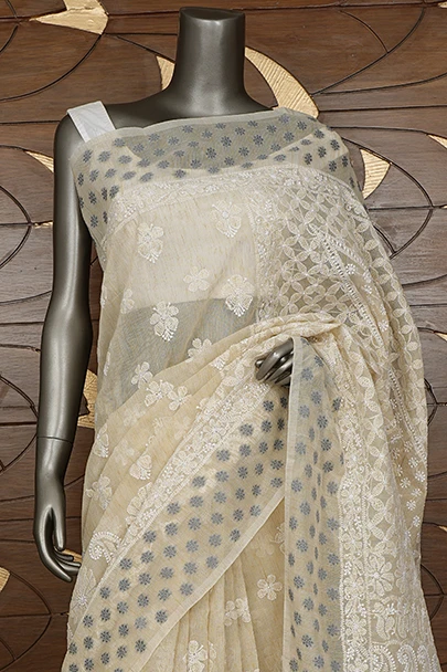 Ada Hand Embroidered Beige Chanderi Lucknowi Chikankari Saree With Blouse 01A879561 (5)