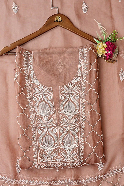 Ada Hand Embroidered Dusty Peach Organza Lucknowi Chikankari Semi-Stitched Kurta Dupatta Set With Cutdana Work 01A887191 (2)