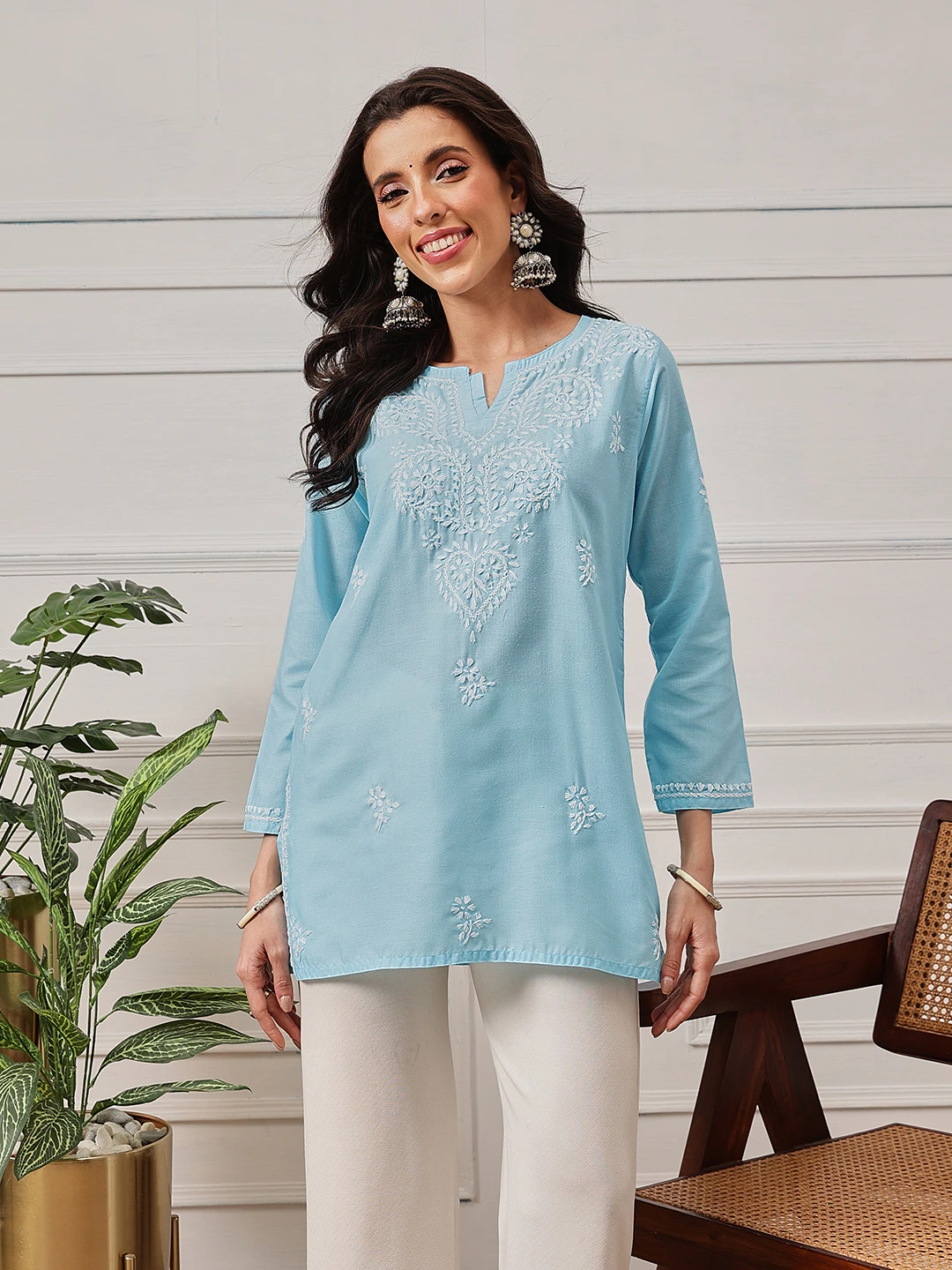 Ada Sky Blue Cotton Lucknowi Chikankari Straight Kurti A911367 A911367