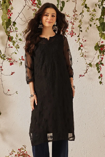 princess polly baby blue dress Black Georgette Hand Embroidered Chikankari Kurti with Slip main image 0